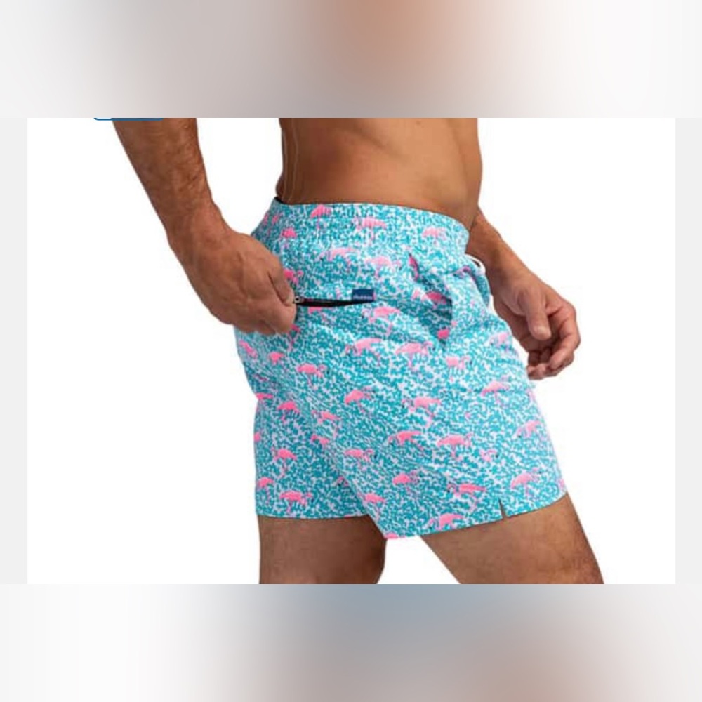 CHUBBIES Men's Flamingo Print Swim Shorts - Teal & Pink; Size M